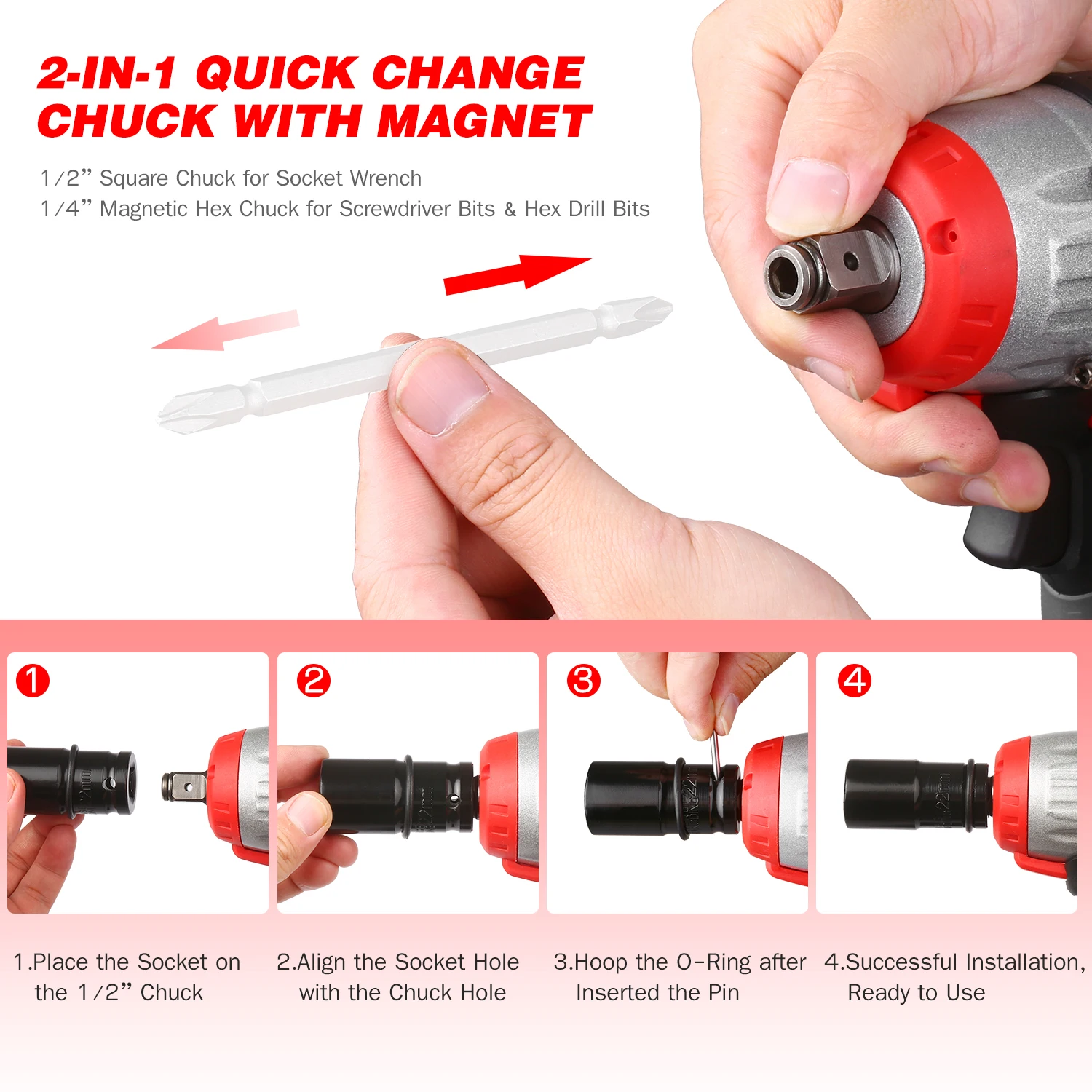

Cordless Impact Wrench 200W 980Nm Torque Brushless Motor with 1/2 and 5/16 Inch Quick Chuck 2x4.0A Battery 20W Power Tool