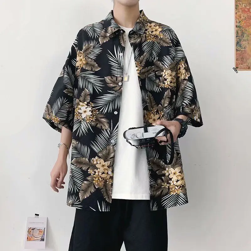 Men Shirts Summer graffiti Print Casual Loose Short-Sleeved Men's Shirt Top  Plus Size Harajuku Style Tops Beach Shirt