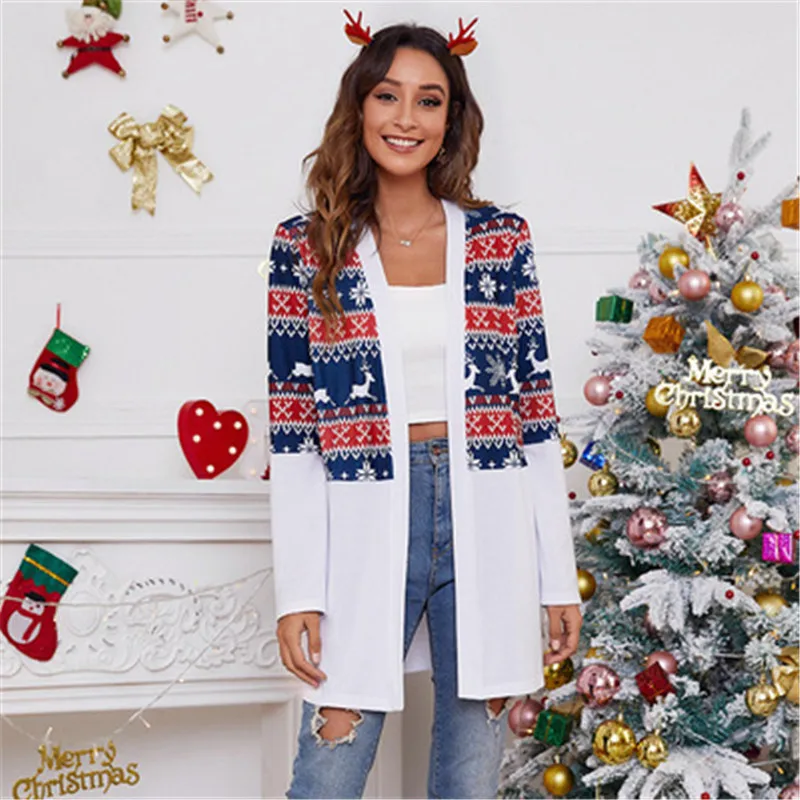 

Autumn Winter New Christmas Printed Long Coat Women Long Sleeve Casual Cardigan Jacket Family New Year Party Coat Lady Cardigan