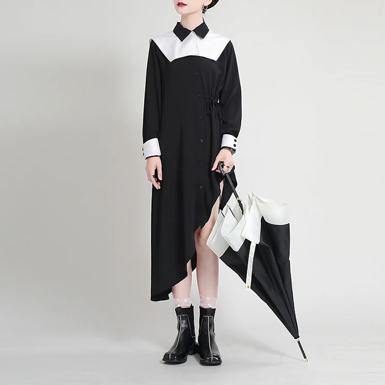

SuperAen Autumn 2021 Two Piece Set Irregular Drawstring Straight Casual Mid-Calf Dress for Women