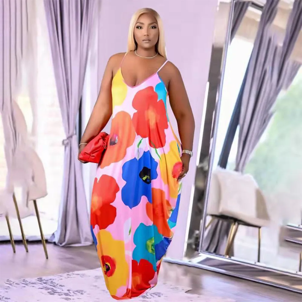 

XL-5XL Plus Size Floral Print Loose Beach Dress Women Deep V Neck Sleeveless Floor Length Dress Summer Bohemian Holiday Dress