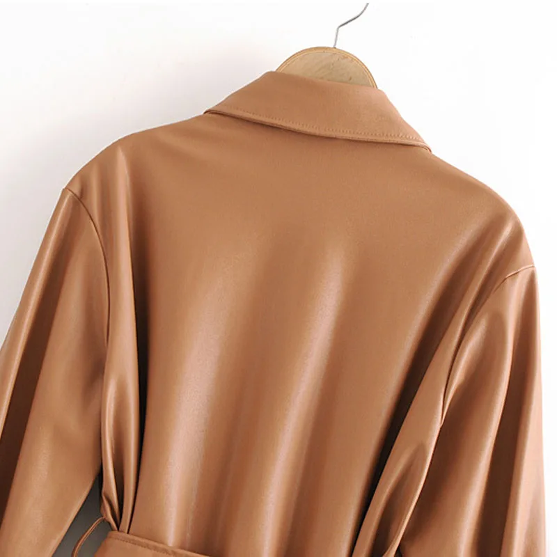 

Faux Leather Lapel Long Sleeve Women's Jacket Coat Fashion with Belt Loose Coat Retro Long Sleeve Pockets Female Chic Tops