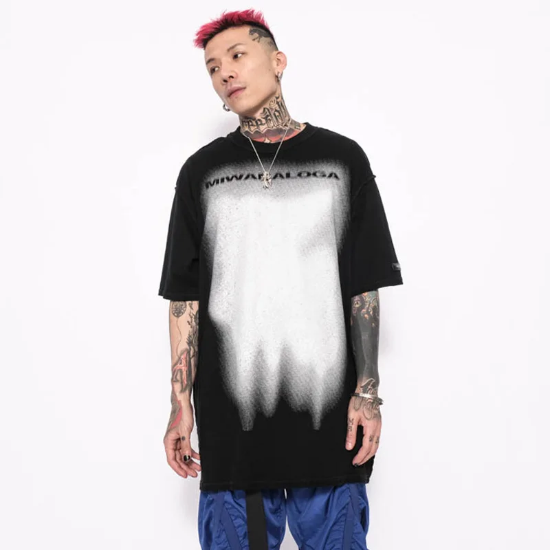 

Street Hipster Gradient Color Graffiti Print Short Sleeve T-shirts Hip Hop Male Loose Oversize Tees Half Sleeved Cotton Tops Men