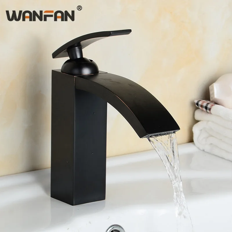 

Basin Faucets Waterfall Bathroom Sink Taps Black Square Deck Mounted Cock ORB Washbasin Classic Hot Cold Mixer Crane LH-16988