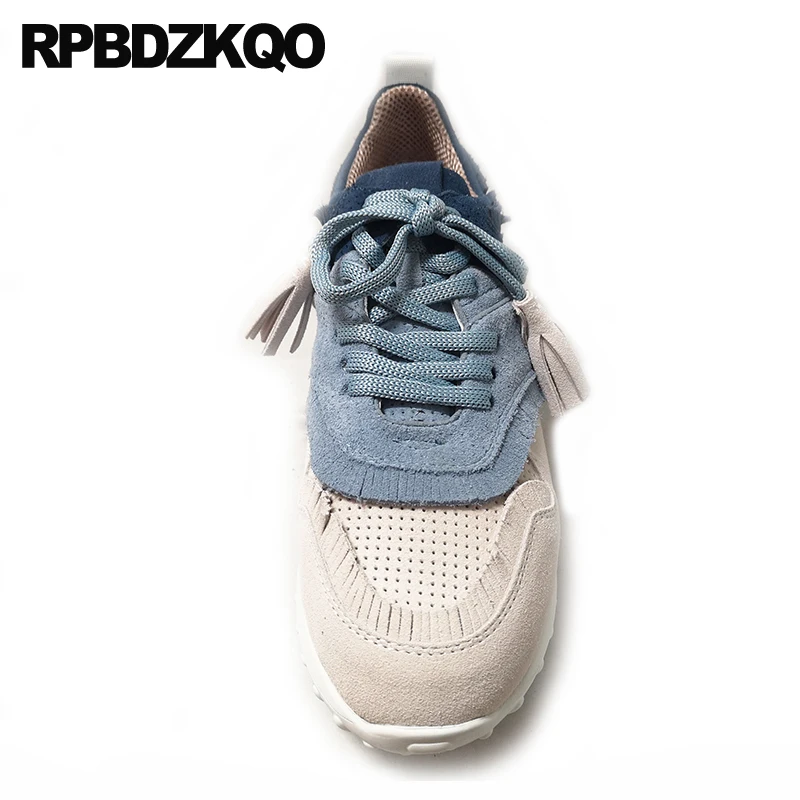 Кроссовки женские синие из натуральной кожи с кисточками на толстой подошве 2021 |