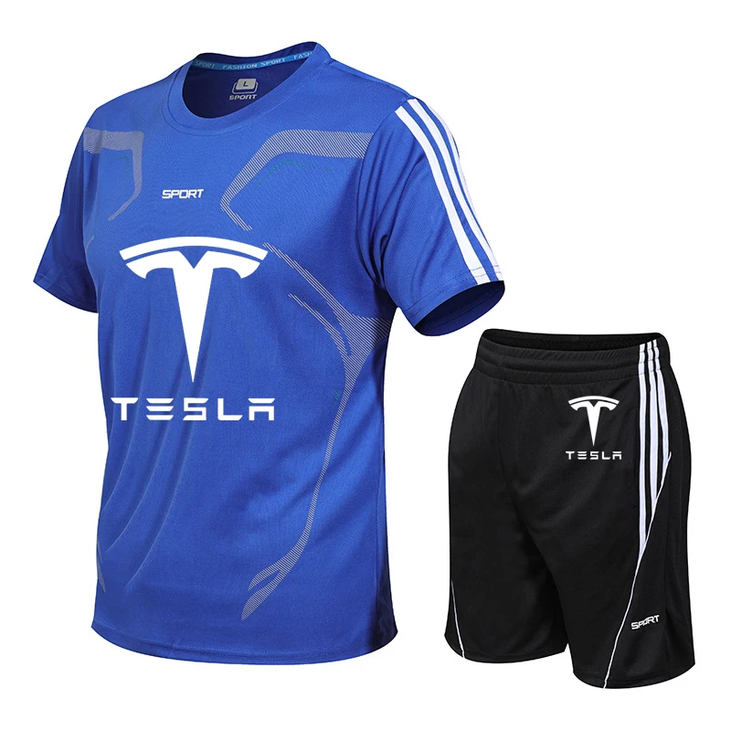 Летний мужской костюм из хлопка высокого качества в стиле моды с принтом логотипа Tesla Car, с комбинированными полосками на горловине и короткими рукавами, включает шорты - 2 штуки.