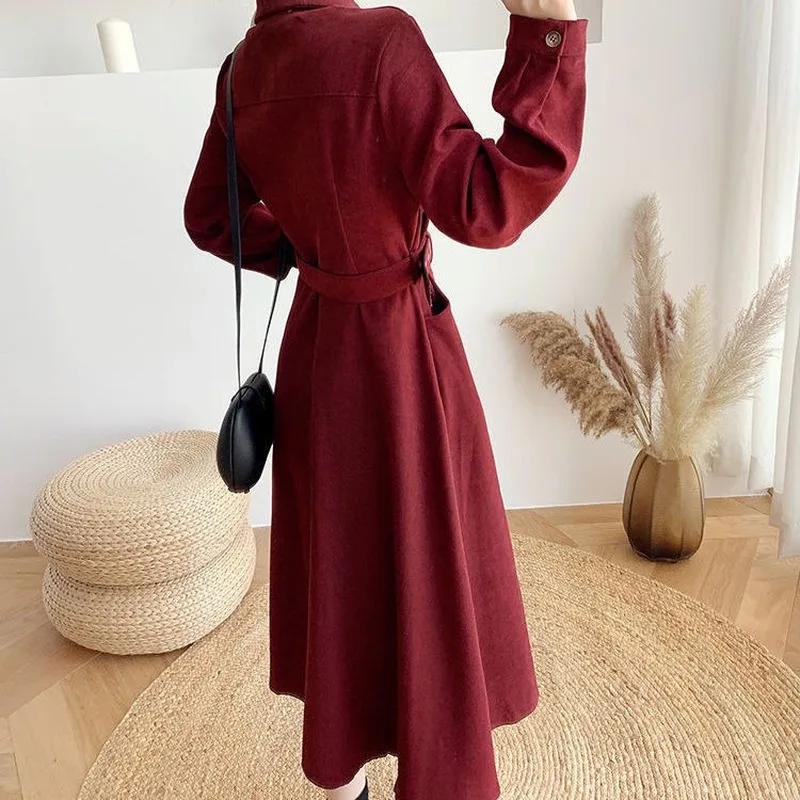 

QWEEK Midi Corduroy Dress Women Elegant Office Ladies xxl Plus Size Dresses for Women Autumn French Vintage Long Sleeve Dress