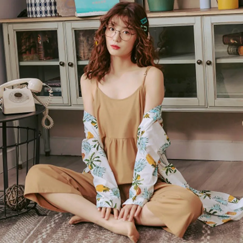 Pajama Women'S Three Piece Spring And Autumn Summer Sexy Suspender Plus Fat Loose Pure Cotton Oversize 100Kg Home Clothes