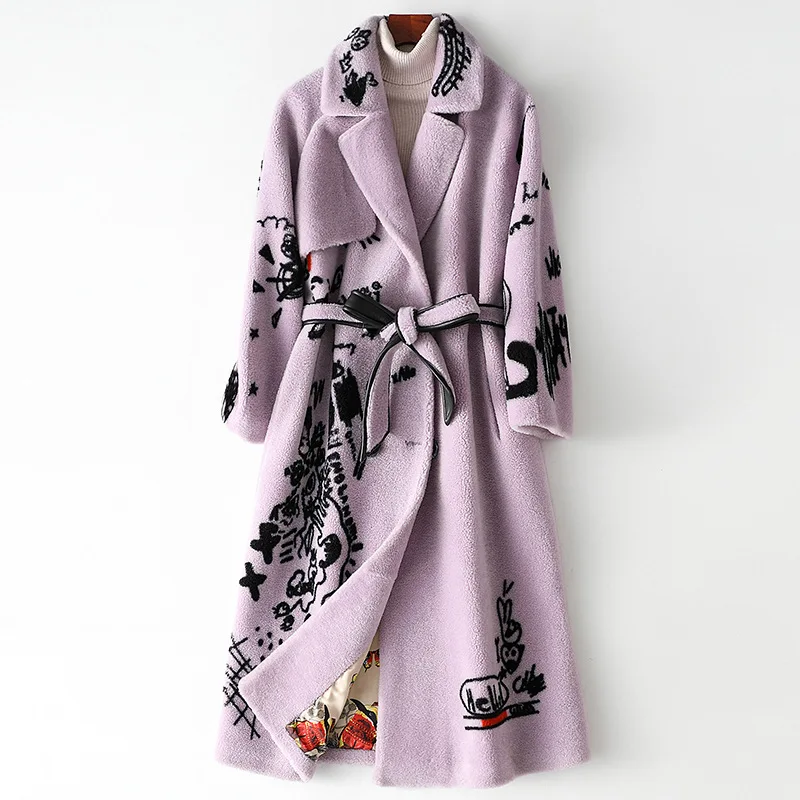 

2021 Winter Super Thick Warm Fur Integrated Women's Printed Wool Fur Lavender Long Coat with Belt Wool Single Breasted Jacket