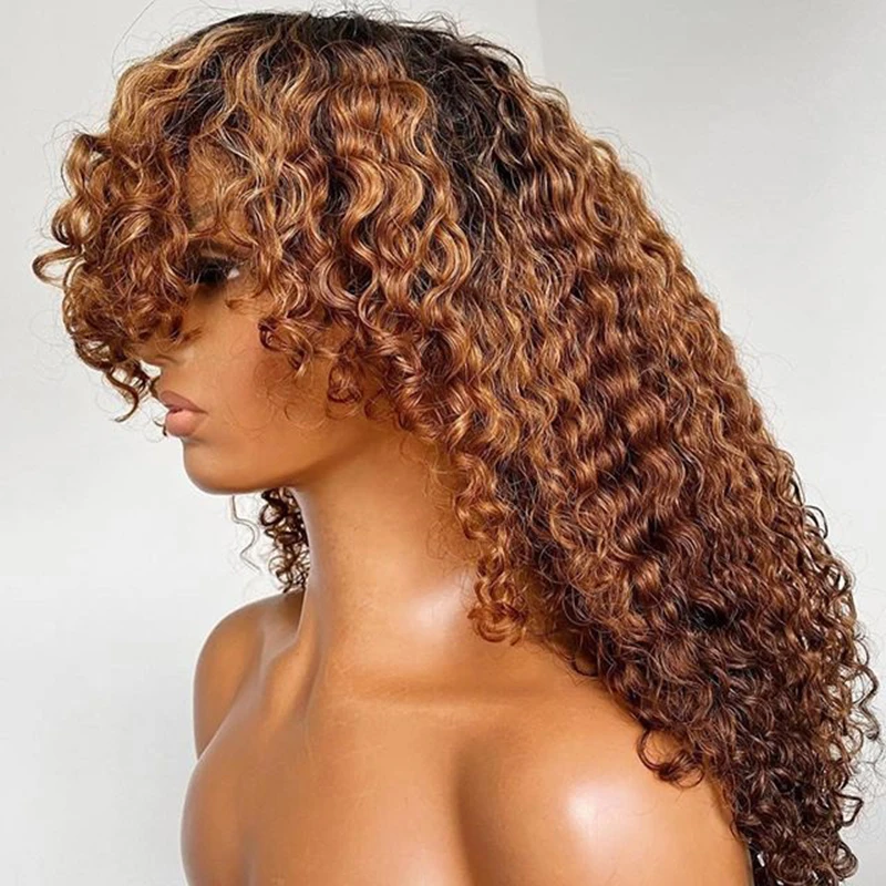 

Mongolian Ombre Honey Curly Bangs Lace Front Human Hair Wigs with Baby Hair 360 Frontal Wigs for Black Women Natural Hairline