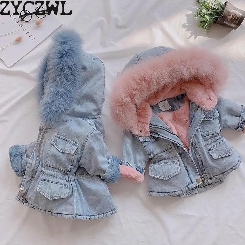 Зимняя джинсовая куртка для маленьких девочек теплая верхняя одежда из
