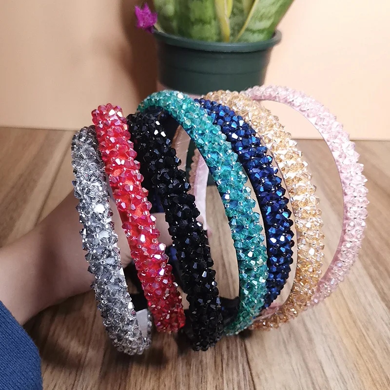 Solid Color Crystal Hairbands for Women Beads Bezel Simple Shiny Rhinestone Headbands Hair Hoop Girls Hair Accessories 2021