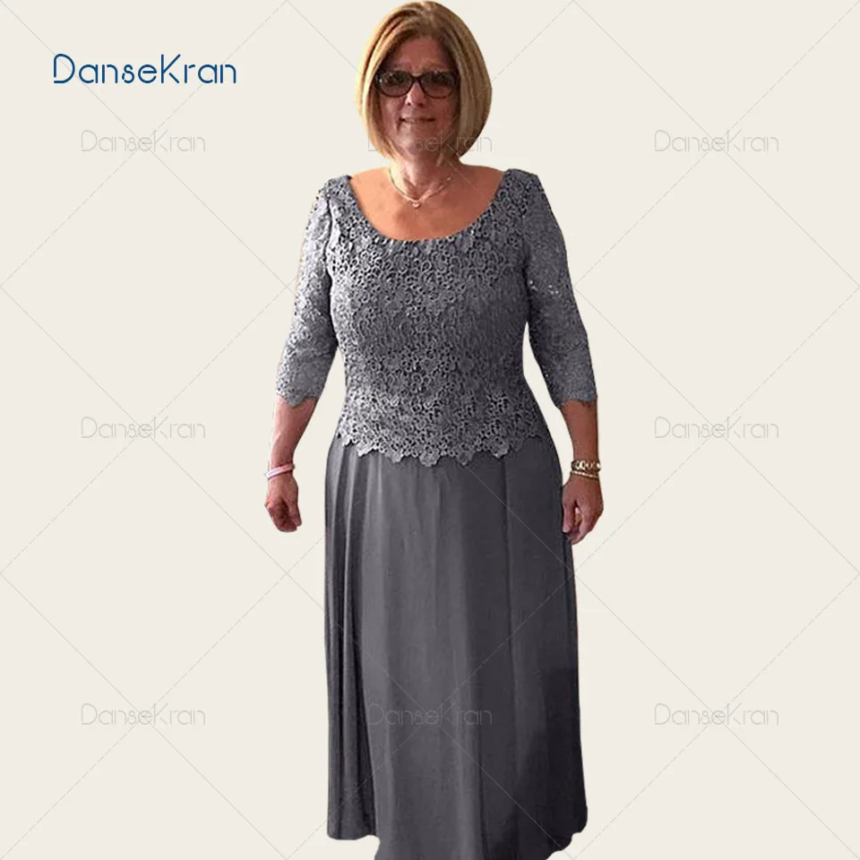 

Grey Lace Top Mother Of The Bride Dresses Three Quarter Sleeves Wedding Evening Dress U-Neck Chiffon Celebrity Dresses