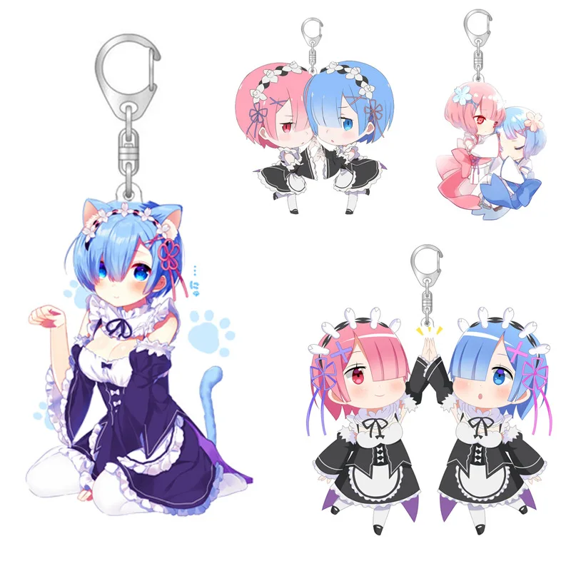 

1 Pcs Cute Anime Re:Life In A Different World From Zero Keychains Rem Ram Acrylic Pendant Keyrings Key Holder Figure Toys Gifts