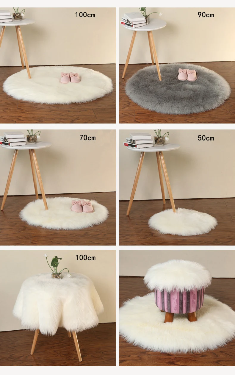 White Faux Fur Round Area Rug Plush Shipskin Flufy Pink Bedroom Rugs Living Room Soft Shaggy Floor Carpets Furry Mats Washable