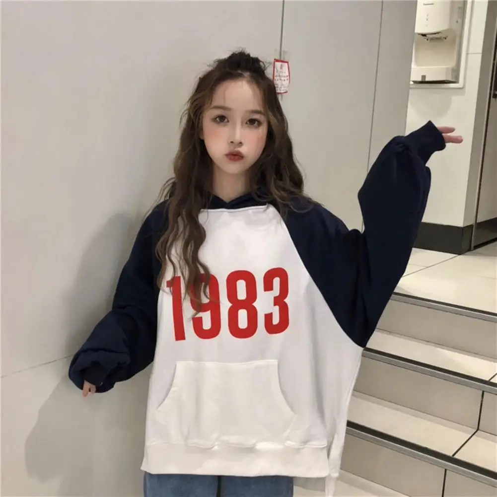 Women Color Block Long Raglan Sleeve Plush Warm Hoodie Pocket Autumn Sweatshirt