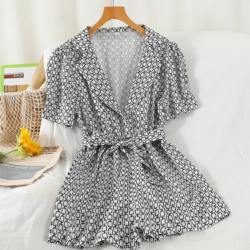 

Korean style chic summer new product lapel thin jumpsuit high waist straight wide leg shorts one-piece casual pants
