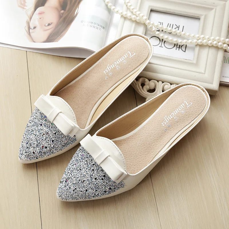 

Explosion Style Large Size Sandals and Slippers Female Korean Version of Bow Pointed Sequins Zapatos De Mujer