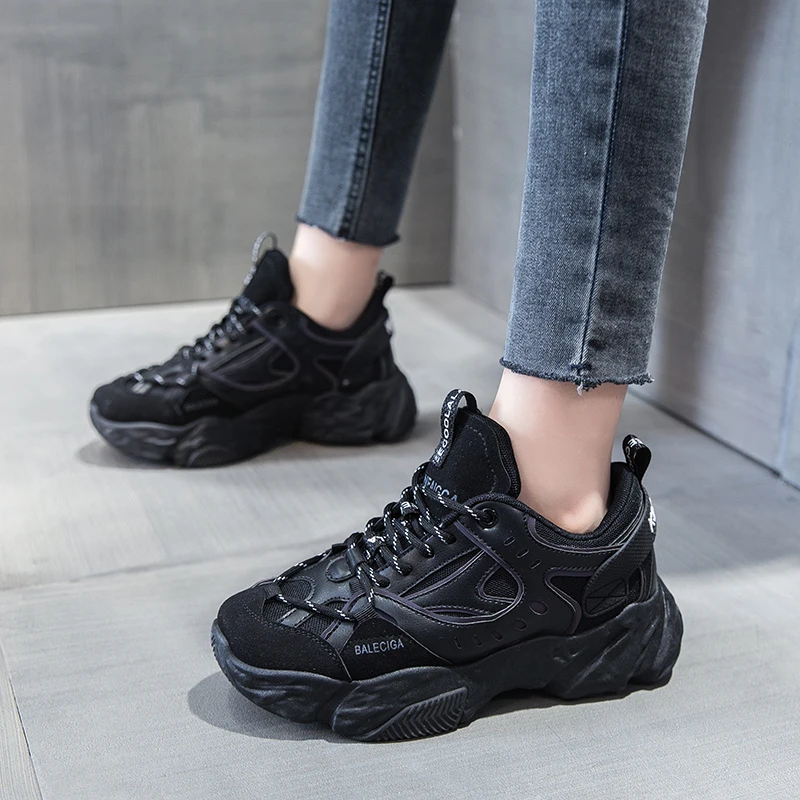 

Women black Sneakers Platform Chunky Shoes Fashion Ladies Basket Female Trainers Leather Lace Up Casual Shoes Woman 2020 New