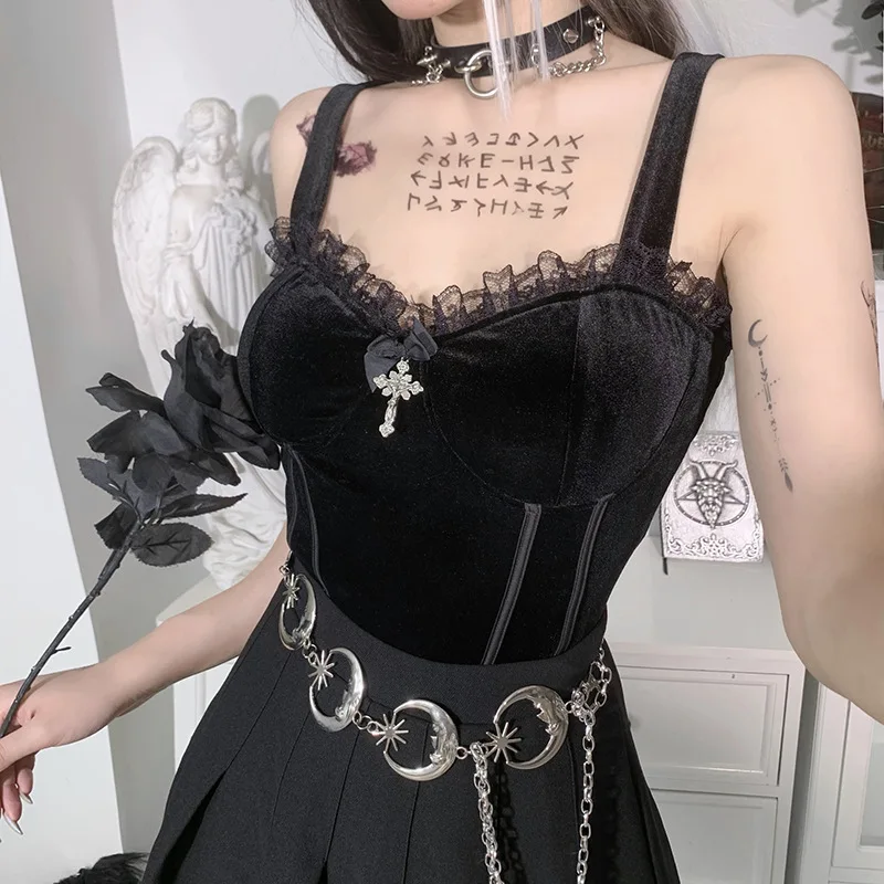 Gothic Women Vest Tank Tops Camisole Sexy Lace T-Shirts Streetwear Club Casual Sleeveless Tops Femme 2021 Summer