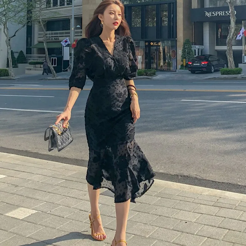 Женское Новое модное корейское платье 2020 весеннее офисное шифоновое облегающее