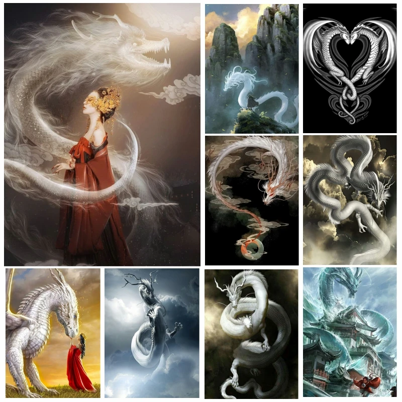 

White Dragon 5D DIY Diamond Painting Kits Full Drill Rhinestone Embroidery Cross Stitch Home Decor Craft Dropshipping
