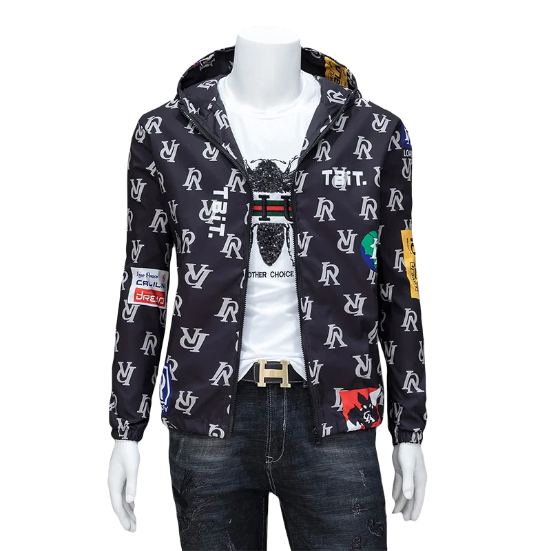 

Spring and Autumn New Jacket Men's Casual Cool Coat Slim Fashion Letter Printing Hooded Fashion