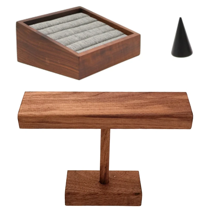 

1 Pcs Black Walnut Watch Stand Jewelry Bracelet & 1 Set Vintage Imitation Ring Plate Earring Display Stand