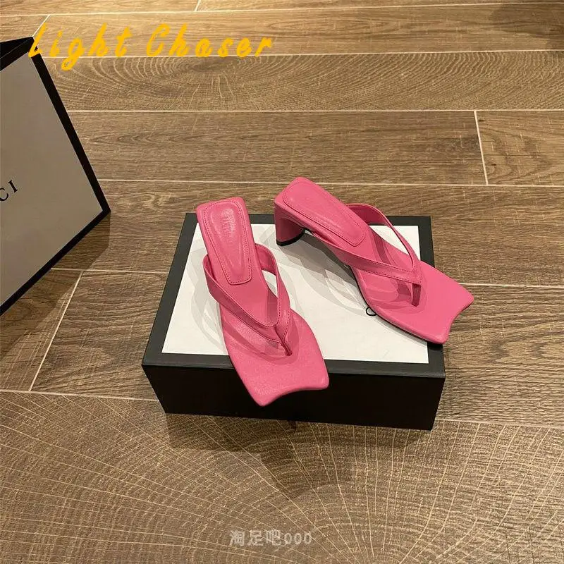 High Heels Women's Flip Flops Women's Sandals Summer Square Toe Flip Flops Outer Wear Beach Sandals And Slippers Women's Shoes