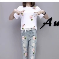 two piece 2021 summer korean sports t shirt jeans casual two piece fashion temperament pants suit two piece woman