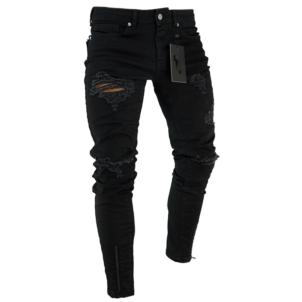 

2021 Men Jeans Skinny Vintage Ripped Distressed Low-Waist Straight Casual Denim Pants Stretchy Denim Pants Solid Color Pants