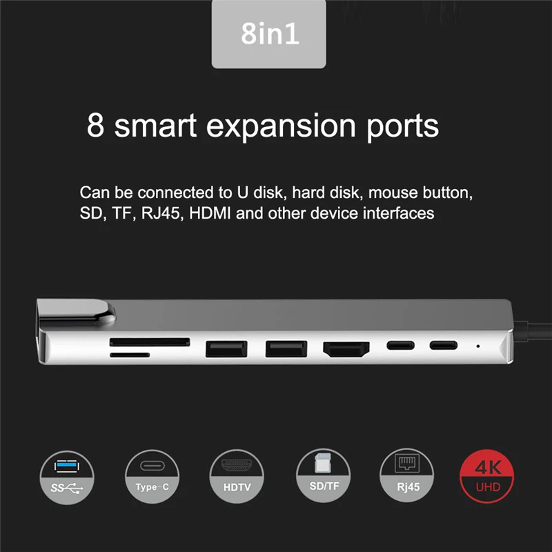 

8 In 1 USB-C Docking Station Multi-Port Hub 4K RJ45 Card Reader Adapter Expander Charging For Laptop PC Notebook for Mac