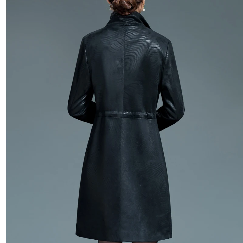 Women Black Faux Leather Jacket XL-6XL Middle-aged Ladies Retro Loose Faux Sheepskin Trench Long Coat Streetwear Female Clothing