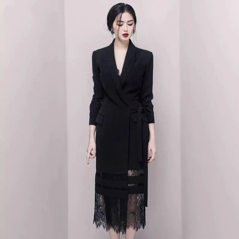 2020 Good Morning! Black Lady Of Quality Ol Commute Temperament False Twinset Lace Long Fund Suit Dress L309 | Женская одежда