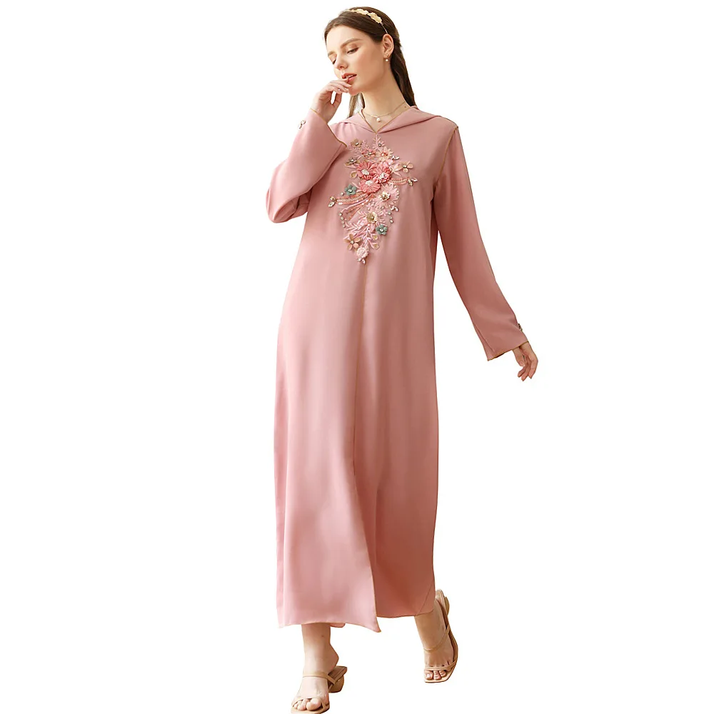 

2021 Summer New Middle East Dubai Muslim Abaya Pink Hooded Handmade Flowers Fresh Fairy Casual Long Dress Dress Moroccan Robe