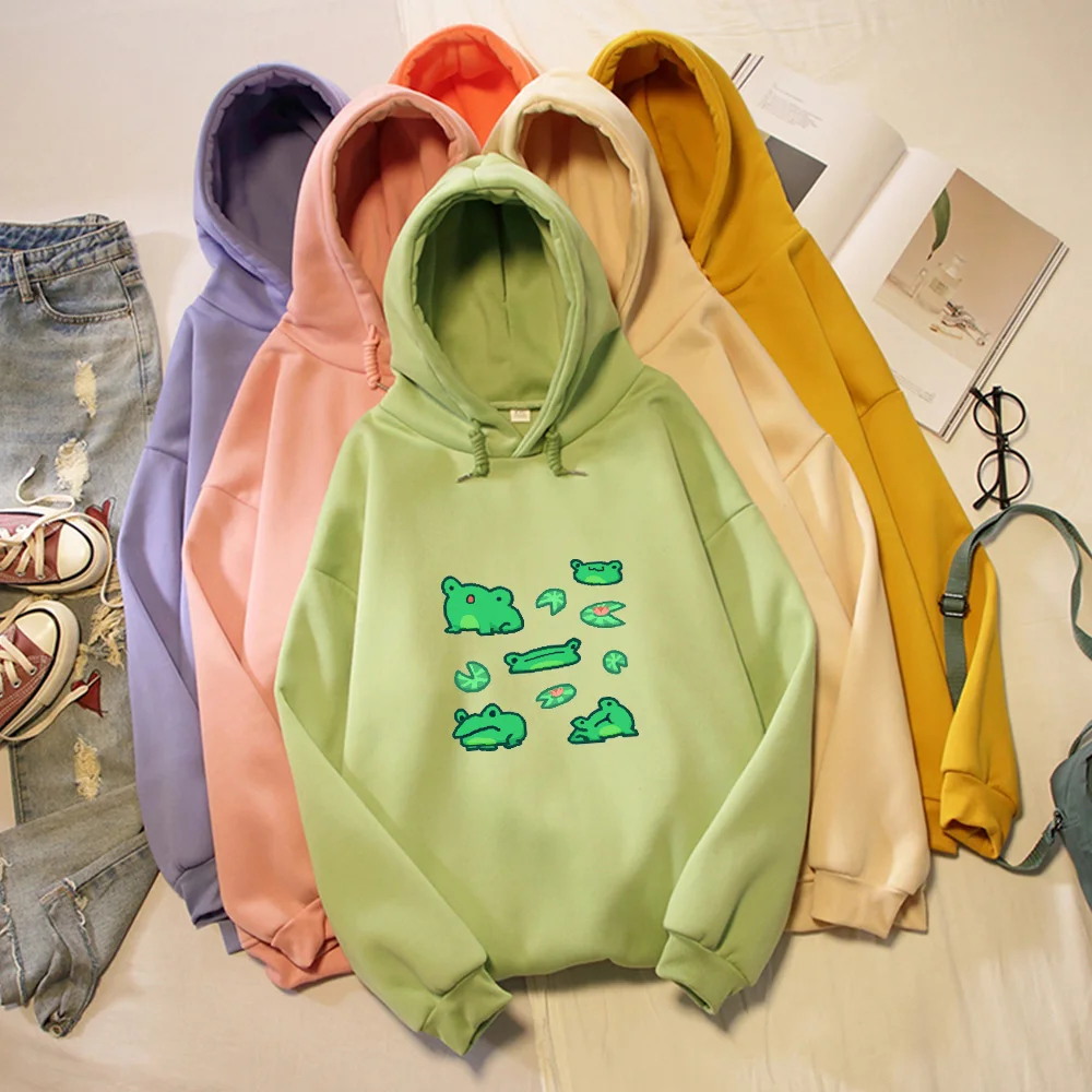 Oversized Frog Printing Kawaii Graphic Hoody Hoodie Womens Hooded Fleece Lined Sweatshirts Men Sweetshirts Korean 90's Aesthetic