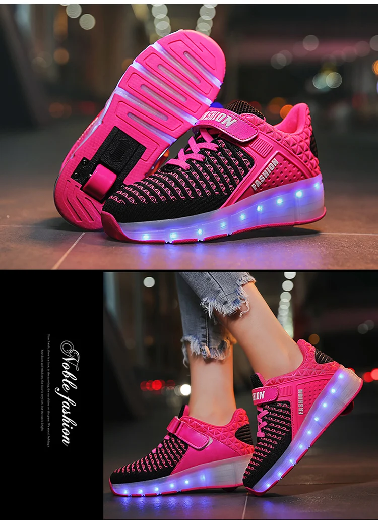 HYFMWZS Модные светодиодный Heelys обувь из дышащего материала, детское платье из двух спортивная обувь Съемная Детские Тонкие Туфли ролики срок производства тиража: 30-40
