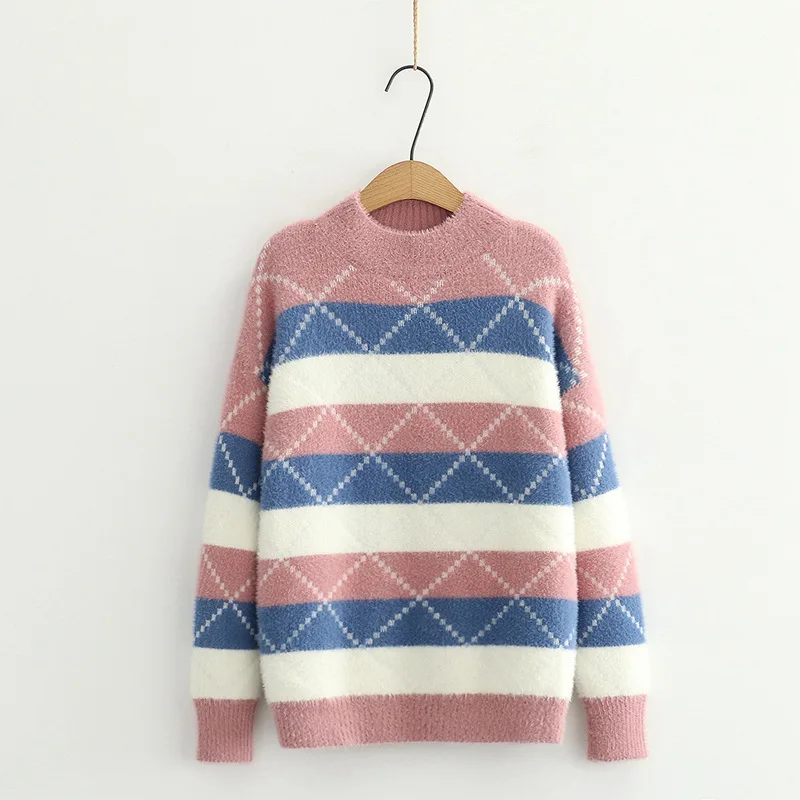 

Autumn Winter Knitted Pullover Sweater 2020 Ladies Top Half High Neck Street Style Diamond Pattern Loose And Versatile