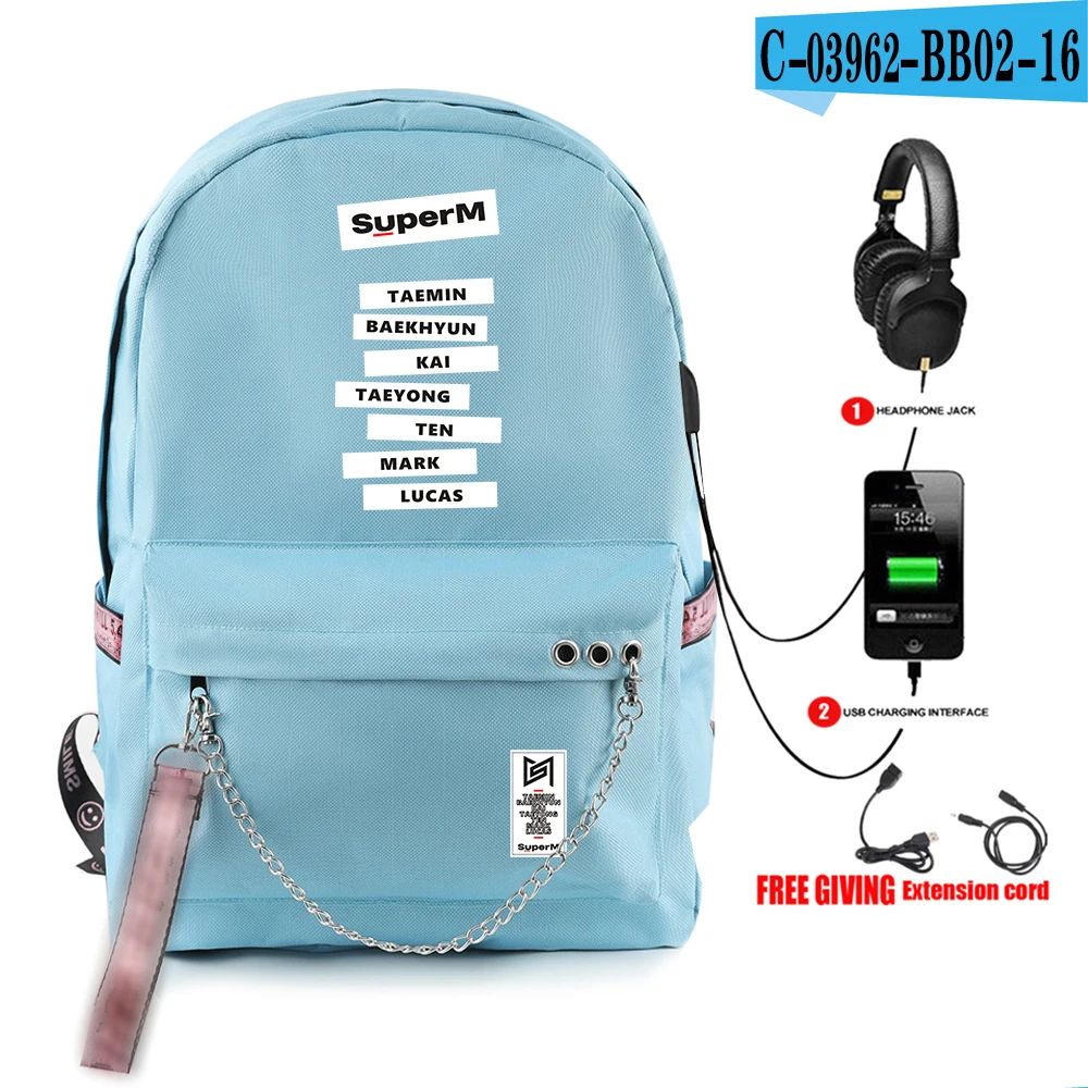SuperM рюкзак KPOP крутой логотип команды стильный с подвесным орнаментом с USB молнией модный рюкзак для путешествий - Цвет: BB02