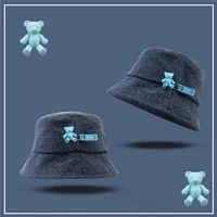 lunadolphin fashion women autumn designer black blue little bear bucket hat vintage korean collapsible cottton fisherman hat