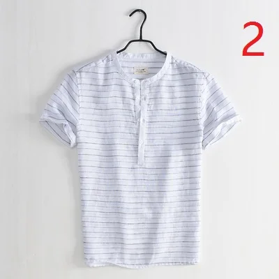 

Thin section round neck short-sleeved linen shirt men's summer striped self-cultivation stand collar half sleeve breathable casu