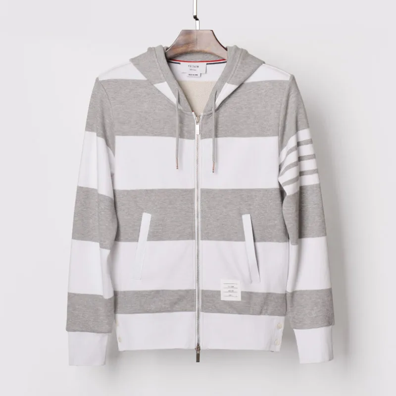 

TB THOM 2021 men's hooded contrast color jacket zipper striped sweatshirts men fashion panelled hoodies youth