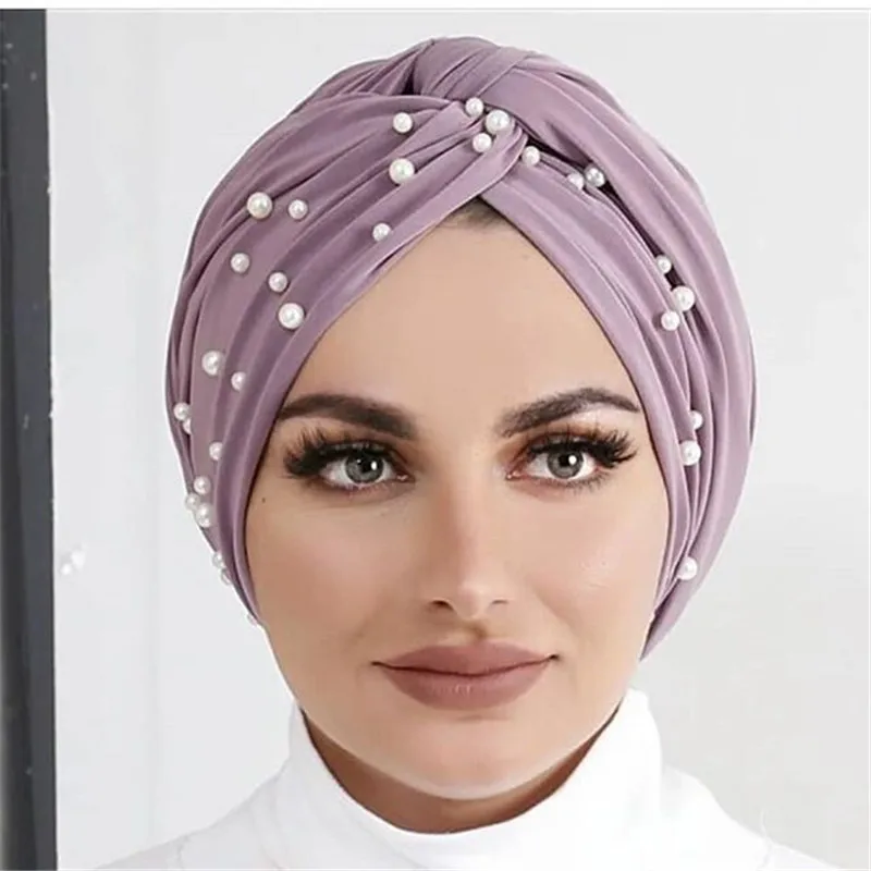 

Muslim Fashion Women Elastic Velvet Pearls Turban Caps Islamic Hijab Bonnet Musulman Femme Headscarf Indian Hat Turbante Mujer