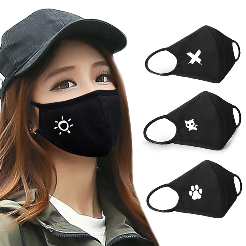 

Cartoon Pattern Cotton Cloth Face Mask Reusable Non Disposable Mouth Masks Dustproof Washable Black Mask Adult Girl