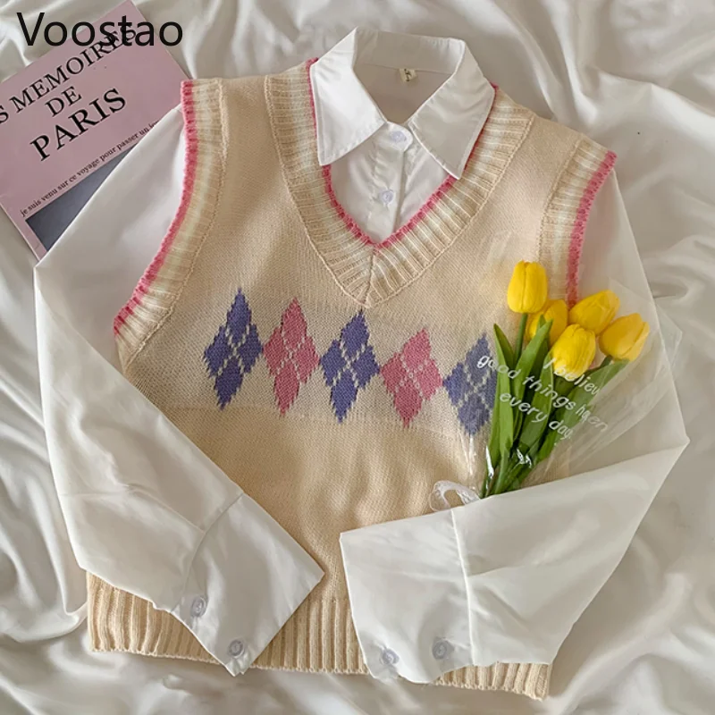 

Spring Autumn Preppy Style Women Argyle Knitted Vest Sweet Sleeveless Pullover JK Sweater Girly Harajuku Loose Waistcoat Tops