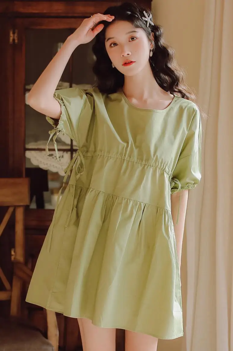 

COIGARSAM Vintage Women dress New Belt Dresses Green 1519