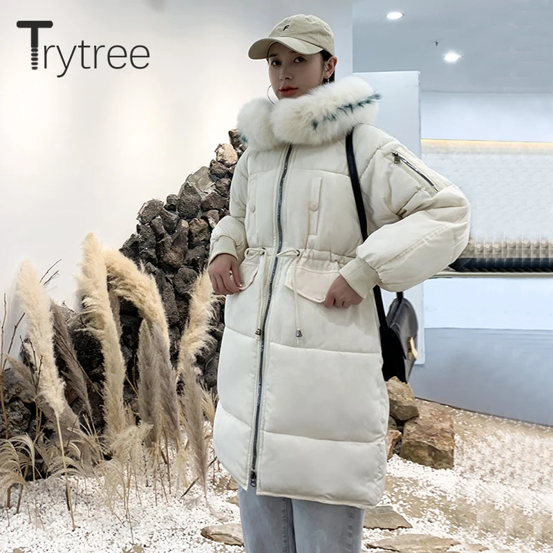 Trytree зимнее женское повседневное пальто с меховым капюшоном на молнии кулиской