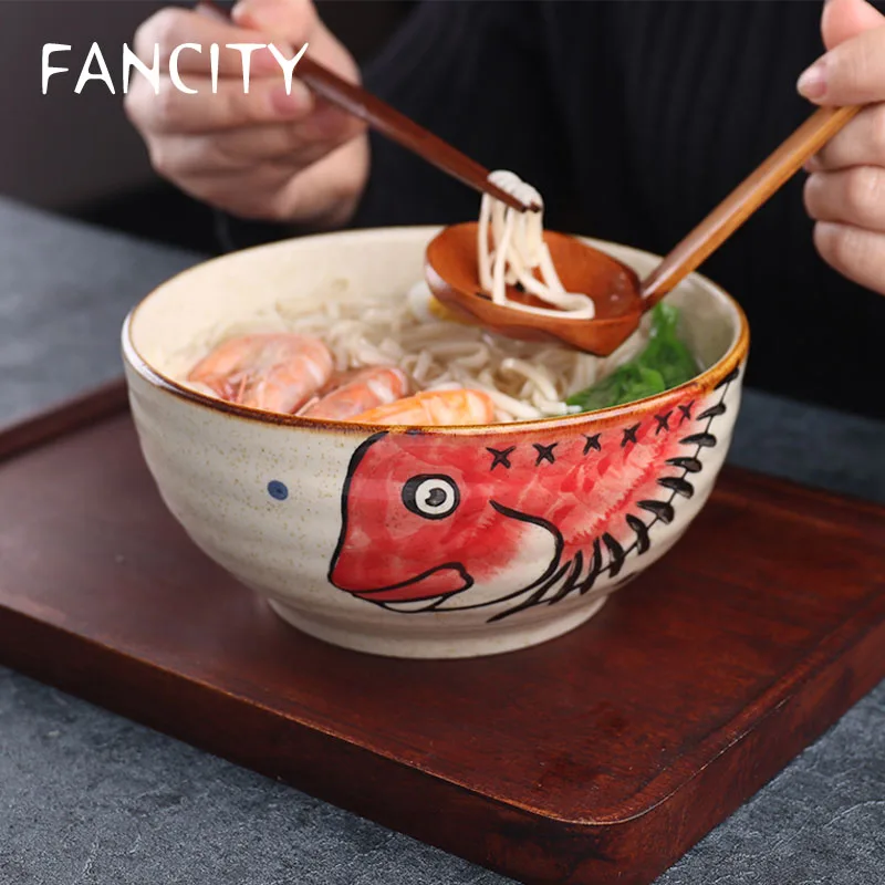FANCITY-cuenco de Ramen japonés para el hogar, cuenco de cerámica pintado a mano de 7 pulgadas, tazón de sopa, tazón de fideos comercial para restaurante, tazón grande