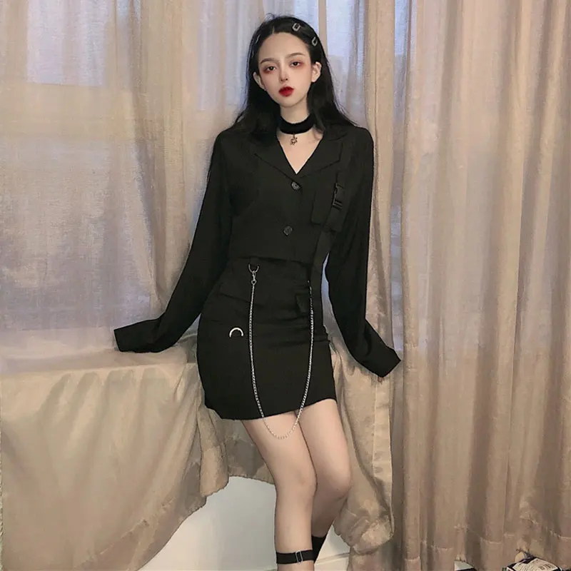 Женский винтажный комплект из двух предметов Черный Уличный кроп топа с