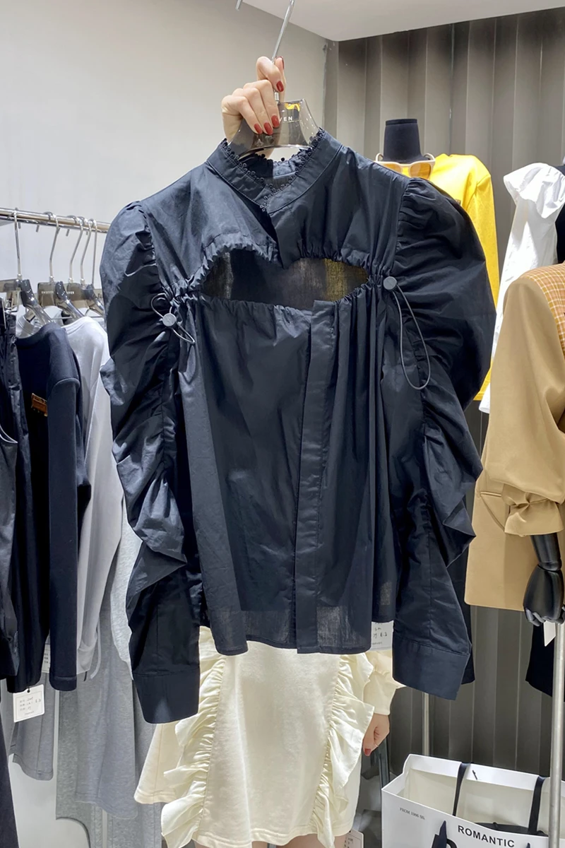 

2021 Spring New Korean Style Blouse Solid Color French Hollow Elegant Slimming Short Top Black Shirt for Women